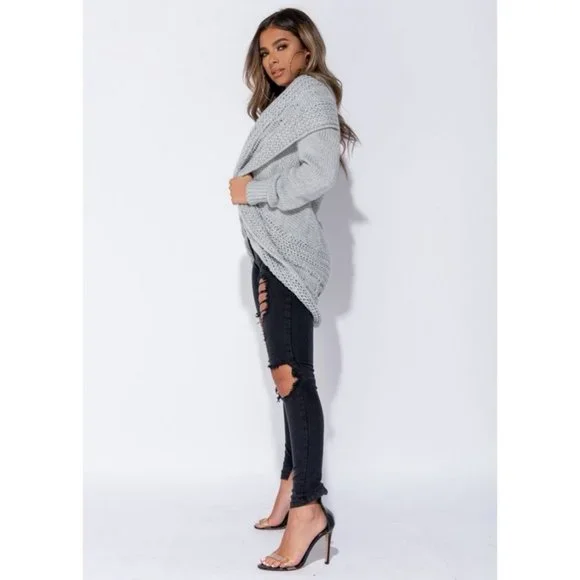 Grey Chunky Cable Knit Long Sleeve Shawl Collar Open Front Midi Cardigan - Picture 5 of 11